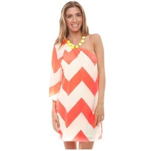NWT Pink Owl Neon Coral One Shoulder Chevron Dress